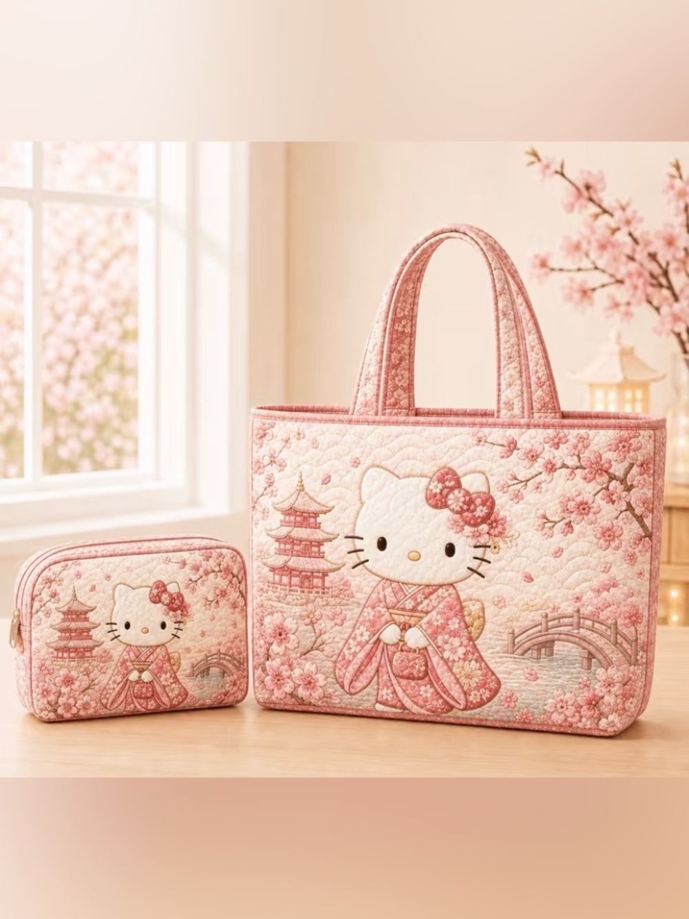 Hello Kitty Pink Floral Quilted Tote with Matching Pouch